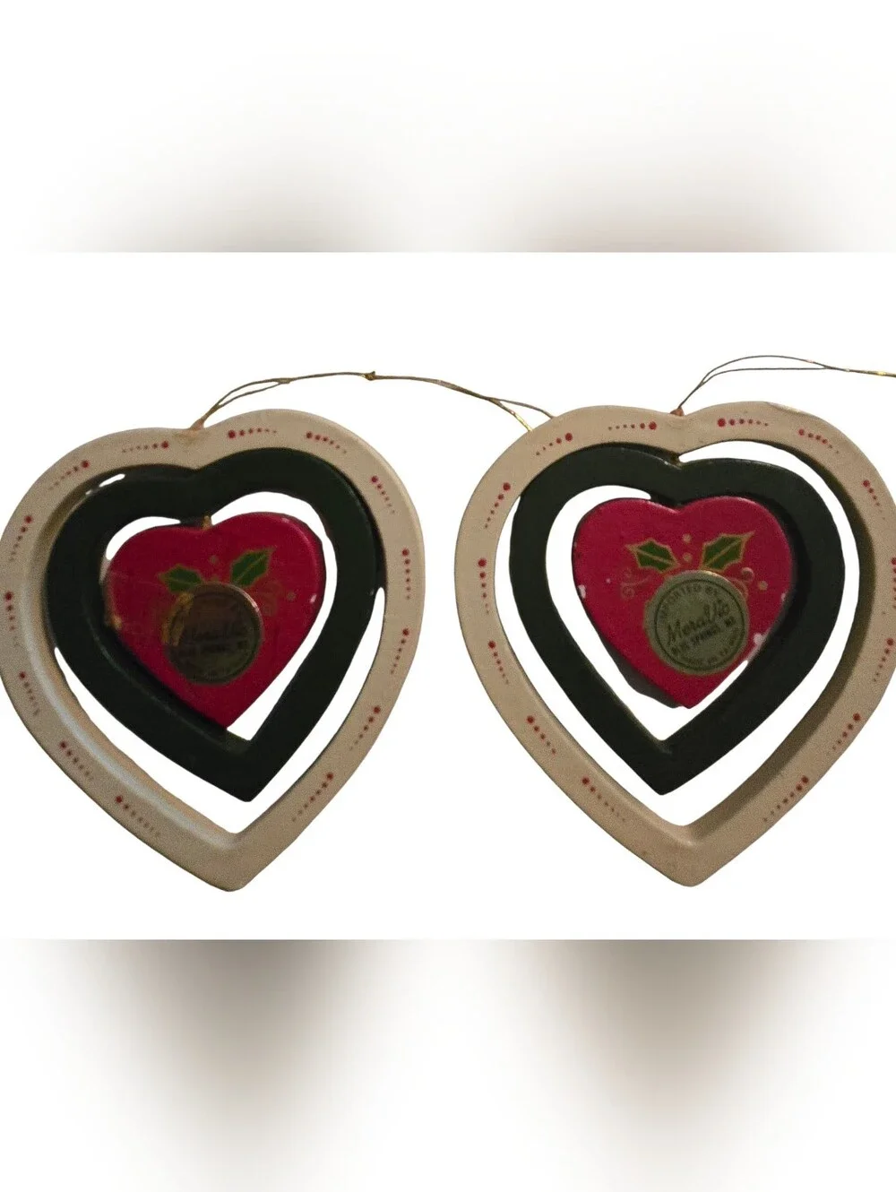 pair vintage wooden spinning heart Christmas ornaments Folk-Art Nordic